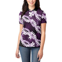 Puakenikeni Maile Lei Women Polo Shirt Frangipani Purple Tropical Leaves