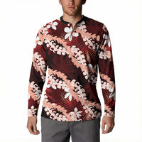 Puakenikeni Maile Lei Button Sweatshirt Frangipani Red Tropical Leaves LT01 - Polynesian Pride
