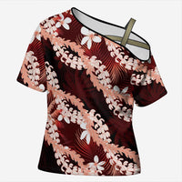 Puakenikeni Maile Lei Cross Shoulder Shirt Frangipani Red Tropical Leaves LT01 Female Red - Polynesian Pride
