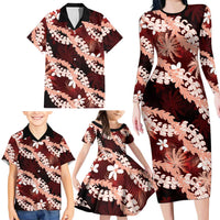 Puakenikeni Maile Lei Family Matching Long Sleeve Bodycon Dress and Hawaiian Shirt Frangipani Red Tropical Leaves