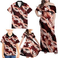 Puakenikeni Maile Lei Family Matching Off Shoulder Maxi Dress and Hawaiian Shirt Frangipani Red Tropical Leaves