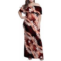 Puakenikeni Maile Lei Family Matching Off Shoulder Maxi Dress and Hawaiian Shirt Frangipani Red Tropical Leaves