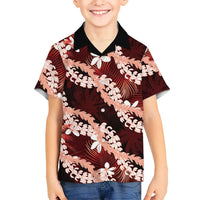 Puakenikeni Maile Lei Family Matching Off Shoulder Short Dress and Hawaiian Shirt Frangipani Red Tropical Leaves