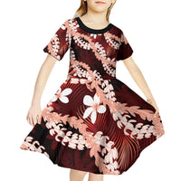 Puakenikeni Maile Lei Kid Short Sleeve Dress Frangipani Red Tropical Leaves LT01 - Polynesian Pride