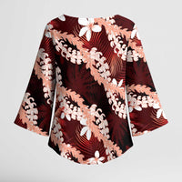 Puakenikeni Maile Lei Kimono Sleeve Blouse Frangipani Red Tropical Leaves LT01 - Polynesian Pride