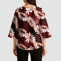 Puakenikeni Maile Lei Kimono Sleeve Blouse Frangipani Red Tropical Leaves LT01 - Polynesian Pride
