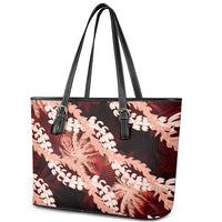 Puakenikeni Maile Lei Leather Tote Bag Frangipani Red Tropical Leaves LT01 - Polynesian Pride