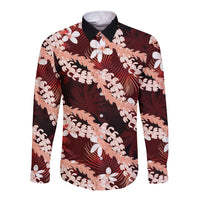 Puakenikeni Maile Lei Long Sleeve Button Shirt Frangipani Red Tropical Leaves LT01 Unisex Red - Polynesian Pride