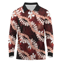 Puakenikeni Maile Lei Long Sleeve Polo Shirt Frangipani Red Tropical Leaves LT01 Red - Polynesian Pride