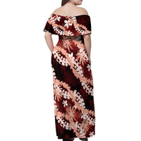 Puakenikeni Maile Lei Off Shoulder Maxi Dress Frangipani Red Tropical Leaves LT01 - Polynesian Pride