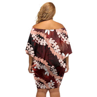 Puakenikeni Maile Lei Off Shoulder Short Dress Frangipani Red Tropical Leaves LT01 - Polynesian Pride