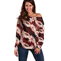 Puakenikeni Maile Lei Off Shoulder Sweater Frangipani Red Tropical Leaves LT01 Women Red - Polynesian Pride