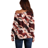 Puakenikeni Maile Lei Off Shoulder Sweater Frangipani Red Tropical Leaves LT01 - Polynesian Pride