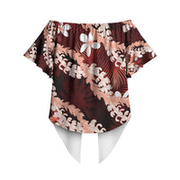 Puakenikeni Maile Lei Off Shoulder Wrap Waist Top Frangipani Red Tropical Leaves LT01 - Polynesian Pride