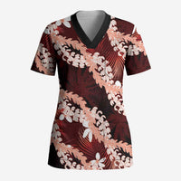 Puakenikeni Maile Lei Scrub Top Frangipani Red Tropical Leaves LT01 Adult Red - Polynesian Pride