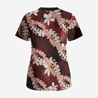 Puakenikeni Maile Lei Scrub Top Frangipani Red Tropical Leaves LT01 - Polynesian Pride