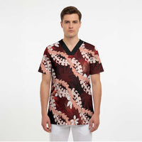 Puakenikeni Maile Lei Scrub Top Frangipani Red Tropical Leaves LT01 - Polynesian Pride