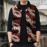 Puakenikeni Maile Lei Sleeveless Puffer Jacket Frangipani Red Tropical Leaves LT01 - Polynesian Pride