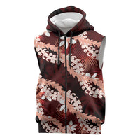 Puakenikeni Maile Lei Sleeveless Zip Hoodie Frangipani Red Tropical Leaves LT01 Red - Polynesian Pride
