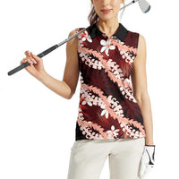 Puakenikeni Maile Lei Women Sleeveless Polo Shirt Frangipani Red Tropical Leaves