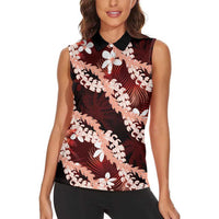 Puakenikeni Maile Lei Women Sleeveless Polo Shirt Frangipani Red Tropical Leaves