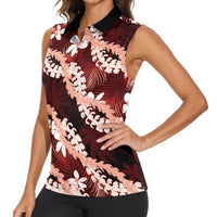 Puakenikeni Maile Lei Women Sleeveless Polo Shirt Frangipani Red Tropical Leaves