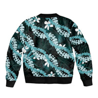 Puakenikeni Maile Lei Bomber Jacket Frangipani Turquoise Tropical Leaves LT01 - Polynesian Pride