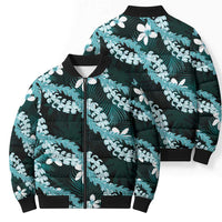 Puakenikeni Maile Lei Bomber Puffer Jacket Frangipani Turquoise Tropical Leaves LT01 - Polynesian Pride