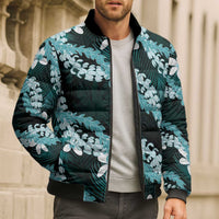 Puakenikeni Maile Lei Bomber Puffer Jacket Frangipani Turquoise Tropical Leaves LT01 - Polynesian Pride