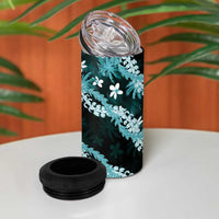Puakenikeni Maile Lei 4 in 1 Can Cooler Tumbler Frangipani Turquoise Tropical Leaves