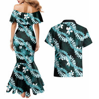 Puakenikeni Maile Lei Couples Matching Mermaid Dress and Hawaiian Shirt Frangipani Turquoise Tropical Leaves