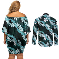 Puakenikeni Maile Lei Couples Matching Off Shoulder Short Dress and Long Sleeve Button Shirt Frangipani Turquoise Tropical Leaves