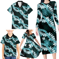 Puakenikeni Maile Lei Family Matching Long Sleeve Bodycon Dress and Hawaiian Shirt Frangipani Turquoise Tropical Leaves