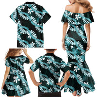 Puakenikeni Maile Lei Family Matching Mermaid Dress and Hawaiian Shirt Frangipani Turquoise Tropical Leaves