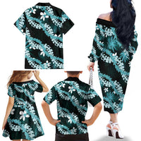 Puakenikeni Maile Lei Family Matching Off The Shoulder Long Sleeve Dress and Hawaiian Shirt Frangipani Turquoise Tropical Leaves