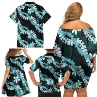 Puakenikeni Maile Lei Family Matching Off Shoulder Short Dress and Hawaiian Shirt Frangipani Turquoise Tropical Leaves