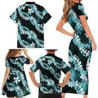 Puakenikeni Maile Lei Family Matching Short Sleeve Bodycon Dress and Hawaiian Shirt Frangipani Turquoise Tropical Leaves