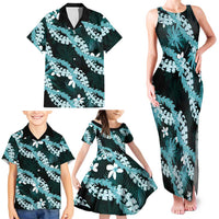 Puakenikeni Maile Lei Family Matching Tank Maxi Dress and Hawaiian Shirt Frangipani Turquoise Tropical Leaves