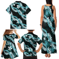 Puakenikeni Maile Lei Family Matching Tank Maxi Dress and Hawaiian Shirt Frangipani Turquoise Tropical Leaves