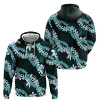 Puakenikeni Maile Lei Hoodie Frangipani Turquoise Tropical Leaves LT01 - Polynesian Pride