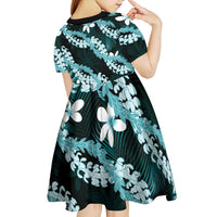 Puakenikeni Maile Lei Kid Short Sleeve Dress Frangipani Turquoise Tropical Leaves LT01 - Polynesian Pride