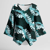 Puakenikeni Maile Lei Kimono Sleeve Blouse Frangipani Turquoise Tropical Leaves LT01 Female Turquoise - Polynesian Pride
