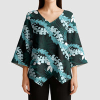 Puakenikeni Maile Lei Kimono Sleeve Blouse Frangipani Turquoise Tropical Leaves LT01 - Polynesian Pride