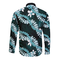 Puakenikeni Maile Lei Long Sleeve Button Shirt Frangipani Turquoise Tropical Leaves LT01 - Polynesian Pride