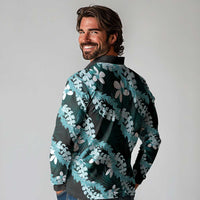 Puakenikeni Maile Lei Long Sleeve Polo Shirt Frangipani Turquoise Tropical Leaves LT01 - Polynesian Pride