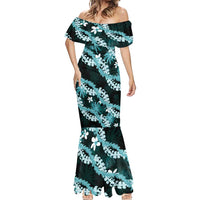 Puakenikeni Maile Lei Mermaid Dress Frangipani Turquoise Tropical Leaves LT01 - Polynesian Pride