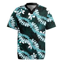 Puakenikeni Maile Lei Rugby Jersey Frangipani Turquoise Tropical Leaves LT01 Turquoise - Polynesian Pride