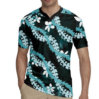 Puakenikeni Maile Lei Rugby Jersey Frangipani Turquoise Tropical Leaves LT01 - Polynesian Pride