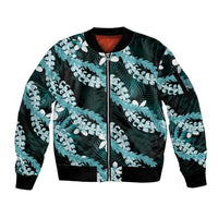 Puakenikeni Maile Lei Sleeve Zip Bomber Jacket Frangipani Turquoise Tropical Leaves LT01 Unisex Turquoise - Polynesian Pride