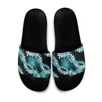 Puakenikeni Maile Lei Slide Sandals Frangipani Turquoise Tropical Leaves LT01 Turquoise - Polynesian Pride